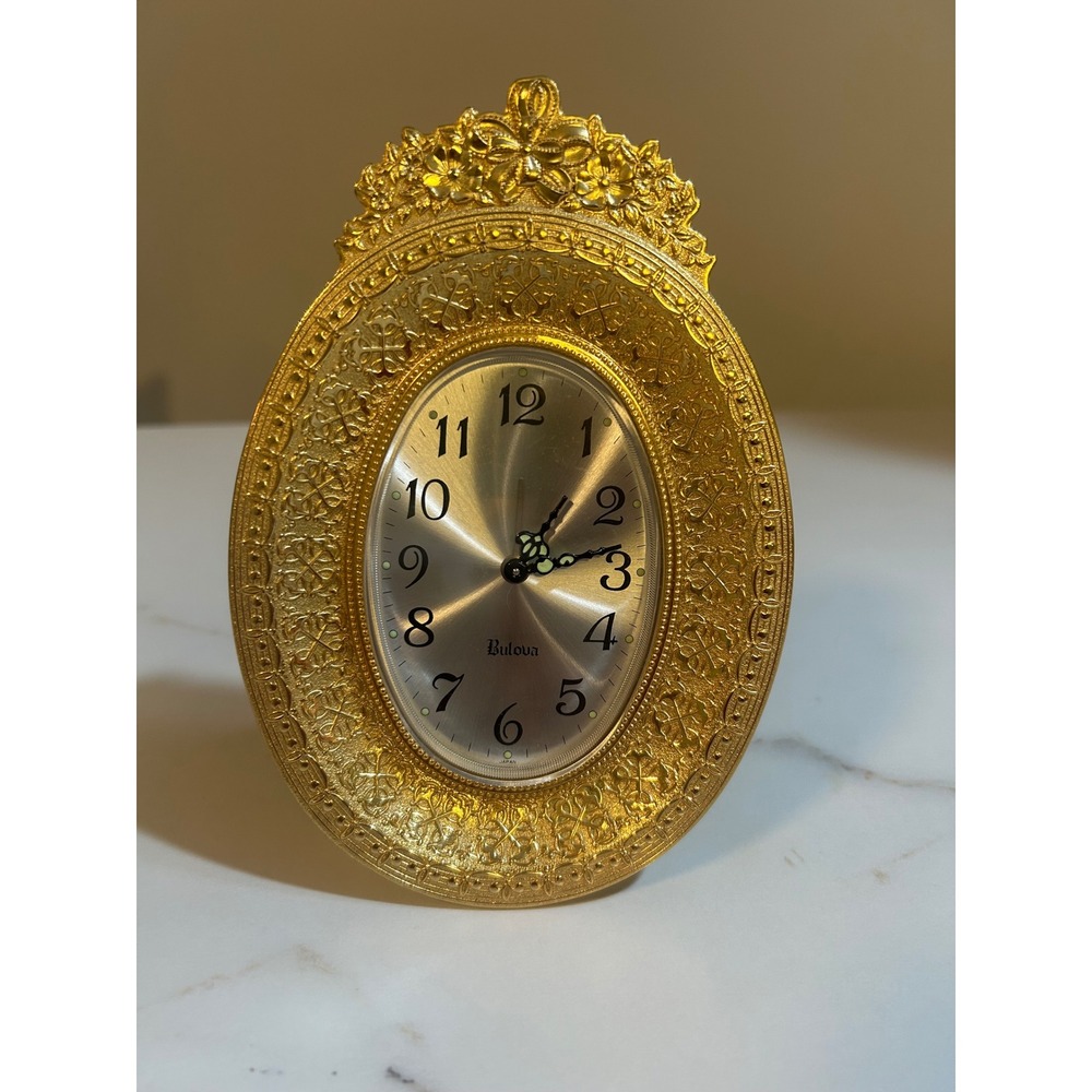 Bulova Vintage Gold Ornate Filigree Oval Tabletop Alarm Clock Manual Wind Up‎